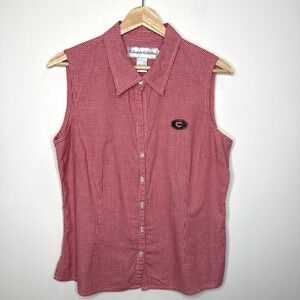 Georgia University Bulldogs Sleeveless Button Up Shirt Womens Large Gingham Red‎